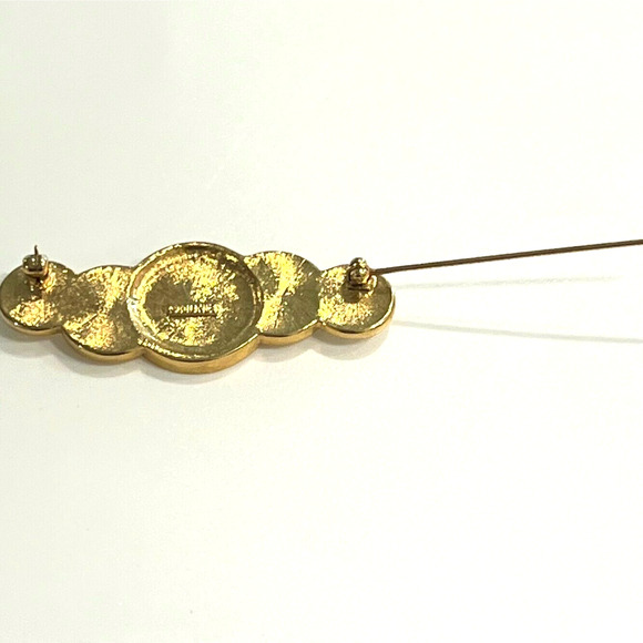 Vintage 1980s Monet Brooch Gold Tone Cream Enamel Circles Bar Pin - Picture 5 of 5